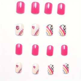 Red Press on Nails Short Square Fake Nails with Design Glossy Full Cover Glue on Nails Cute Summer False Nails Reusable Acrylic Artificial Nails for Women Girls DIY Nail Art 24Pcs