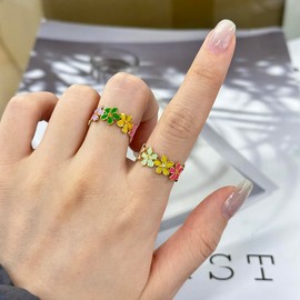 Gold Daisy Statement Open Band Ring for women Girls Chunky Enamel Cherry Flower Stainless Steel 18k Gold Plated Colorful Floral Adjustable Comfort Stacking Finger Ring (B)