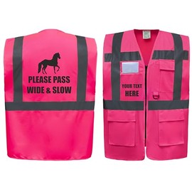 Please Pass Wide & Slow Horse Equestrian Zipped Pink Hi Vis Safety Vest Horse Riding Reflective Waistcoat Road Safety High Visibility, Can Personalise. (Pink, Medium)