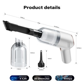 APPS2Car 3-in-1 Handheld Vacuum Cleaner, 9000PA Cordless Car Vacuum with Type-C Fast Charging, 2 Washable Filters, Portable for Car, Home, Kitchen, Pet Hair