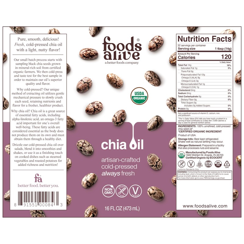 Foods Alive | Organic Chia Oil | 16 oz