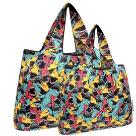 allydrew Large & Small Foldable Tote Nylon Reusable Grocery Bags, Set of 2, Sharks
