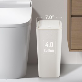 TIPGO Bathroom Trash Can with Lid, 4 Gallon / 15 Liter Small Garbage Can, Press Top Bin, Plastic Wastebasket with Pop-Up Lid for Bedroom, Living Room, Office (White, 2 Pack)