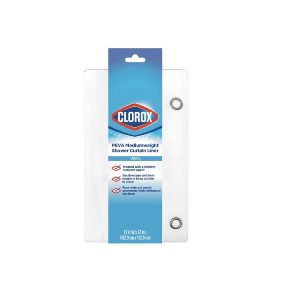Clorox Treated Premium White Shower Curtain Liner 70"x72" with Weighted Magnetic Hem, Lightweight Waterproof PEVA for Bathroom Tubs and Stalls, Machine Washable
