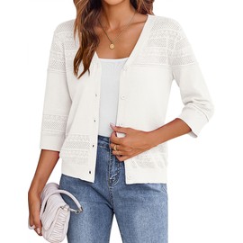 Zeagoo Cardigan Women's Bolero 3/4 Sleeve Cardigan Short Summer Lightweight Elegant Cardigan Jacket with Buttons, White, S