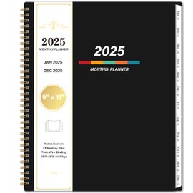 2025 Monthly Planner - Monthly Planner/Calendar 2025, 9" x 11", Large, JAN 2025 - DEC 2025, Twin-wire Binding, 12 Monthly Tabs, Holidays, Two-Sided Pocket, Thick Paper