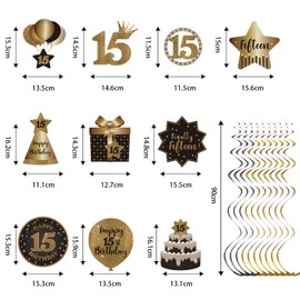 Happy 15th Birthday Hanging Swirls Streams Ceiling Decorations, Celebration 15 Foil Hanging Swirls with Cutouts for 15 Years Old Black and Gold Birthday Party Decorations Supplies