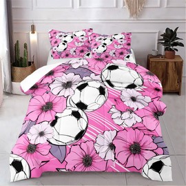 CCoutueChen Queen Soccer Comforter Set for Girls Pink Floral Bedding Set Kids Sports Quilt Set Modern Aesthetic Bedding 3 Pieces Soft Down Alternative Comforter Sets for All Season,2 Pillowcases