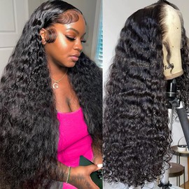 YIJUNDEMA 32 Inch 13x6 Deep Wave Lace Front Wigs Human Hair Pre Plucked 13x6 HD Transparent Lace Front Wigs Human Hair 200 Density Glueless Curly Wigs for Women