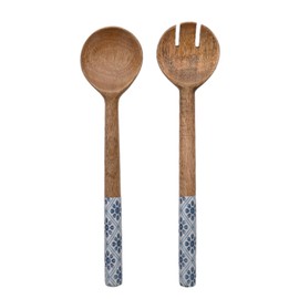 Country Living - Mango Wood Set of Salad Servers - Spoon & Fork Serving Set with Blue Floral Pattern - Kitchen & Dining/Gifting & Homeware - H: 31cm x W: 7cm.