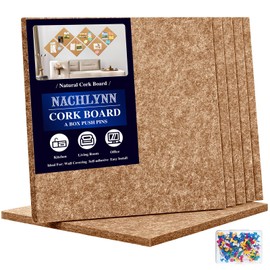 NACHLYNN Felt Corkboards for Wall 6 Pack 12 x 12-1/3" Brown Self-Adhesive Cork Board Tiles Square Bulletin Board with 100 Push Pins Frameless Cork Tiles for Walls Home Office