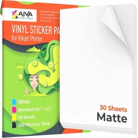 UD_Printable Vinyl Sticker Paper  Waterproof Decal Paper for Inkjet Printer  30 SelfAdhesive Sheets  Matte White  Standard Lette