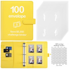 100 Envelopes Money Saving Challenge Binder with Reusable Laminated Tracker, Budget Book with Cash Envelopes, Easy and Fun Way to Save $5,050 (Yellow)