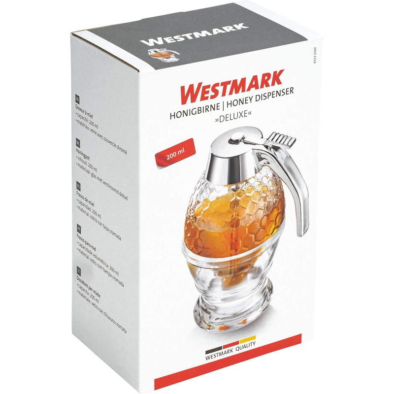 Westmark Honigbirne/Honig-Dosierer mit Untersatz, Fassungsvermögen: 200 ml, Wabenmuster, Glas/Kunststoff, Deluxe,
