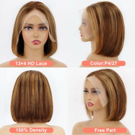 Highlight Bob Wigs Human Hair 13x4 Frontal Lace Wig 4/27 Honey Blonde Bob Wigs Glueless Wigs Human Hair pre plucked pre cut 180% Density 12A Short Bob Wigs for Women Human Hair