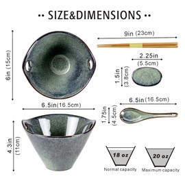 UNICASA Japanese Ramen Bowl Set with Chopsticks, Spoons and Rests, 20oz Deep Porcelain Noodle Bowl Set of 2 for Udon, Pho, Salad, Soup (Reactive Green)