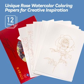 Paul Rubens Watercolour Colouring Book, 12 Sheets of Rose Theme, 100% Cotton, Acid-free 300 gsm/140 lb, 7.68 x 5.31 Inches, Hot Press Watercolour Books for Adults, Students