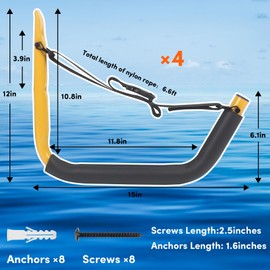 BALAVA Kayak Storage Rack,Kayak Rack for Garage,Kayak Wall Mount with Nylon Straps,Heavy Duty Kayak Hanger Kayak Hook Suitable for Kayaks and SUP Paddle Board （4Pack,Yellow）