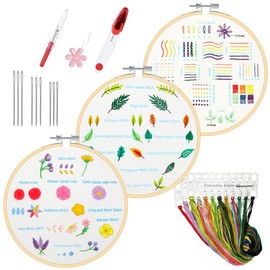 YINVA Beginner Embroidery Set, Floral Pattern, Plants, Cross Stitch Kit, Starter Tools Kit with 3 Pieces, Plastic Embroidery Hoops, Colour Threads and Tools, for DIY Art, Crafts (Starter Level)