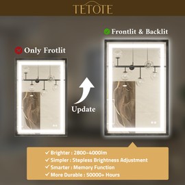 TETOTE 20 x 28 Bathroom LED Mirror Brushed Black Metal Frame Frontlit & Backlit Vanity Mirror Anti-Fog Stepless Dimmable 3 Colors White/Warm/Natural Wall-Mounted