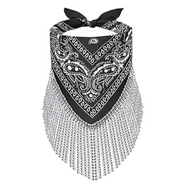 Women Finged Bandana Western Cowgirl Scarf Rhinestone Tassel Neckerchief Bachelorette Last Disco Party Favor (Black)