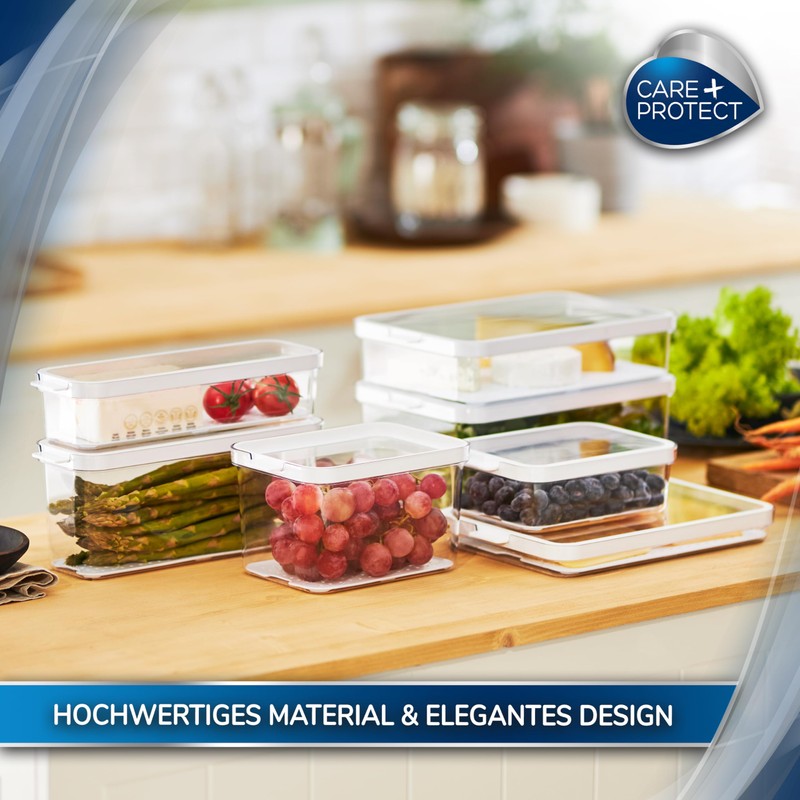 CARE + PROTECT Smart Food Container, Perfectly Stackable, Fridge Organiser,