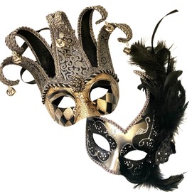 MASQSTUDIO Couples Masquerade Mask Jolly Jester Cosplay Mardi Gras Prom Dance Birthday Party Wear or Deco (Black Silver)