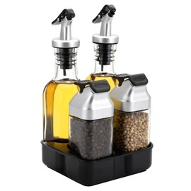 Jucoan 5 PCS Oil Vinegar Dispenser Bottles Set with Caddy Stand, Tabletop Glass Salt Pepper Shaker Olive Oil Vinegar Cruets Set with Tray for Home Kitchen Restaurant RV Camp Travel Wedding Party