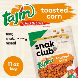Snak Club Tajin Toasted Corn, Roasted Corn Nuggets with Chili and Lime Seasoning, Mild, Non-GMO, Gluten-Free, Kosher Snack, No Artificial Colors or Flavors, Low Cholesterol, 11 oz Resealable Bag