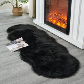 Soft Faux Sheepskin Fur Rug Fluffy Area Rug Floor Mat Luxury Carpets Chair Cover Seat Pad Shaggy Rug for Bedroom Sofa Living Room (2 x 5 Ft Sheepskin, Black)