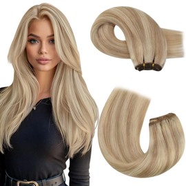 Moresoo Weft Hair Extensions Human Hair Blonde Sew in Hair Extensions Golden with Medium Blonde Highlighted 100g Double Weft 22 inch