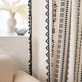 Boho Curtains with Black Geometric Pattern Bohemian Window Treatments with Tassels Fringe for Kitchen Bathroom Light-Filtering Privacy Cotton Drapes, Rod Pocket, 59''W x 63''L, 2 Panels