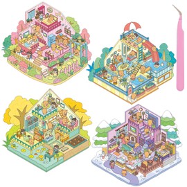 DIY 3D House Stickers, 4 Sets Scene Stickers for Scene Make Your Own Mini Shop, Cartoon Scene Stickers for Adult Kids Relief Stress Pass The Time