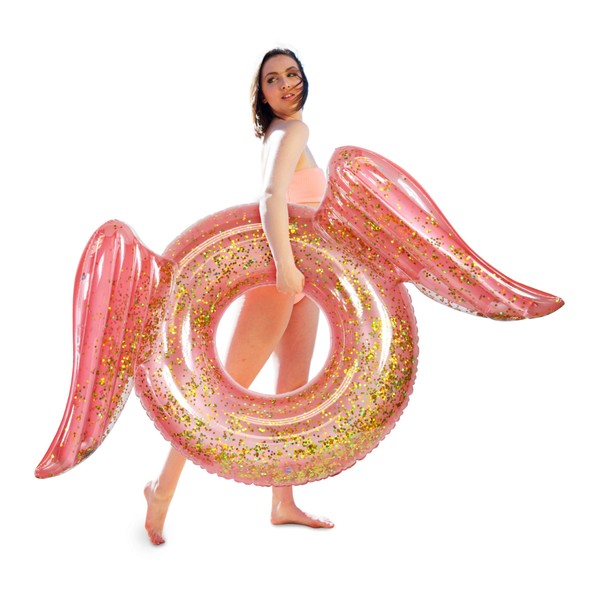 CoTa Global Inflatable Angel Wings Pool Float Ring, Confetti Transparent Lounger for Summer Pool Party Fun Beach Lake - UV Resistant Vinyl Water Tube Toy - Glitter Rose Gold