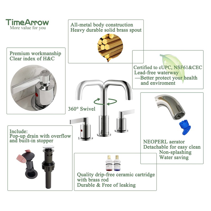TimeArrow Chrome 8 Inch Widespread Bathroom Sink Faucet 3 Holes