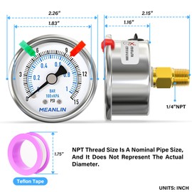 MEANLIN MEASURE 0~15Psi Dry Low Pressure Gauge Stainless Steel 1/4" NPT 2" FACE DIAL Waterproof for Water Oil Air Well Pump Tank Tire Pressure Test Back Mount (with 2PCS Snaps)