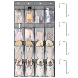 F-color Hanging Organizer - Over the Door Shoe Organizer - Cruise Essentials for Cabin, 16 Breathable Mesh Pockets, Space Saving Hanging Storage Holder with 4 Packs Over-the-Door Metal Hooks,Grey