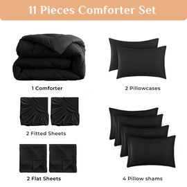 JOLLYVOGUE 11 Pieces Queen Comforter Set, Reversible Bed in a Bag Queen Size, All Season Bedding Set with Soft Black Comforter, Flat Sheets, Fitted Sheets, Pillowcases & Shams