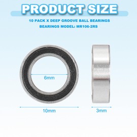 PATIKIL MR106-2RS Deep Groove Ball Bearing 6mm x 10mm x 3mm, 10 Pack Double Rubber Sealed Miniature Bearings for Electric Motor Industrial Machine, Black&Silver