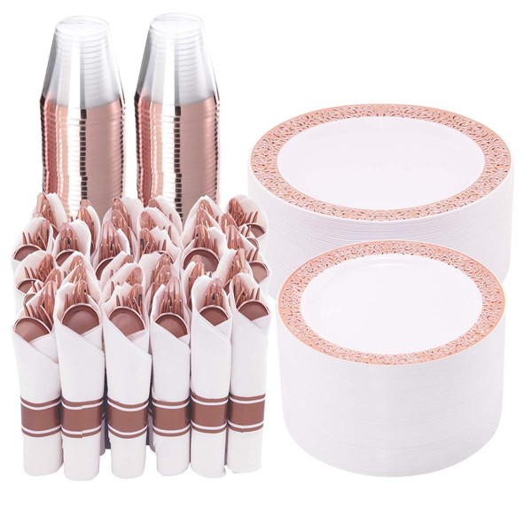 WELLIFE 350 Pieces Rose Gold Plastic Dinnerware, Disposable Rose Gold Lace Plates, Include:50 Dinner Plates, 50 Dessert Plates, 50 Per Rolled Napkins with Rose Gold Silverware and 50 Cups