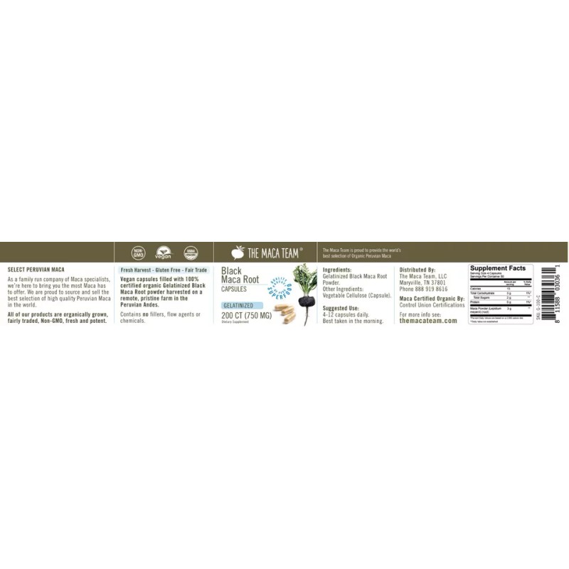 Gelatinized Black Maca Root Capsules - Organic, Non-GMO, Fresh Harvest,