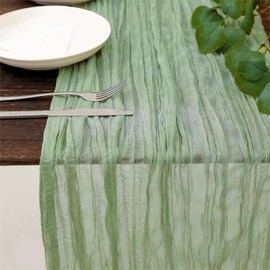 Table Runner Sage Green Boho, Cheesecloth Table Runner, Long Rustic Gauze Table Runner, Table Decoration for Wedding, Vintage, Birthday, Baby Shower Decoration, 90 x 300 cm