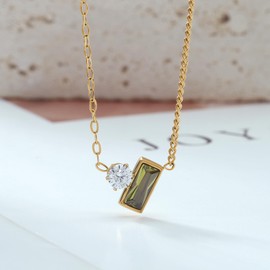 Joacii 18K Gold Plated Rectangle Olive Green Cubic Zirconia Pendant Necklace for Women Lightweight Dark Green Charm Rhinestone Choker Necklace, Cubic Zirconia