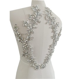 Handmade Rhinestones lace Trim Patches handsewing Beads Applique for Dress DIY Accessories (Silver)