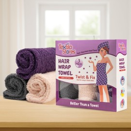Textila 100% Cotton Hair Wrap Towels for Women (Pack of 3, Plum, Pink & Grey) – Soft & Absorbent Turban Towels for Long, Curly, Frizz-Prone Hair