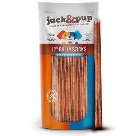 Jack&Pup 12" Bully Sticks Dog Chews | Odor Free Bully Sticks | Single Ingredient, All Natural Pizzle Sticks for Dogs (8oz, 5/6 Sticks)