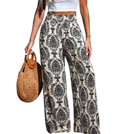 CUPSHE Womens Wide Leg Pants Elastic High Waisted Beach Trousers Cotton Linen Summer Palazzo Navy Black L