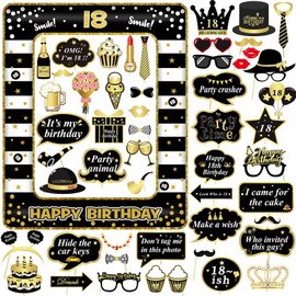 Scettar 53 Pieces 18th Birthday Photo Props, Black Gold Inflatable Picture Frame Photo Props, 18th Photo Box Accessories For 18th Birthday Party Decoration Favors Supplies (18th Birthday)
