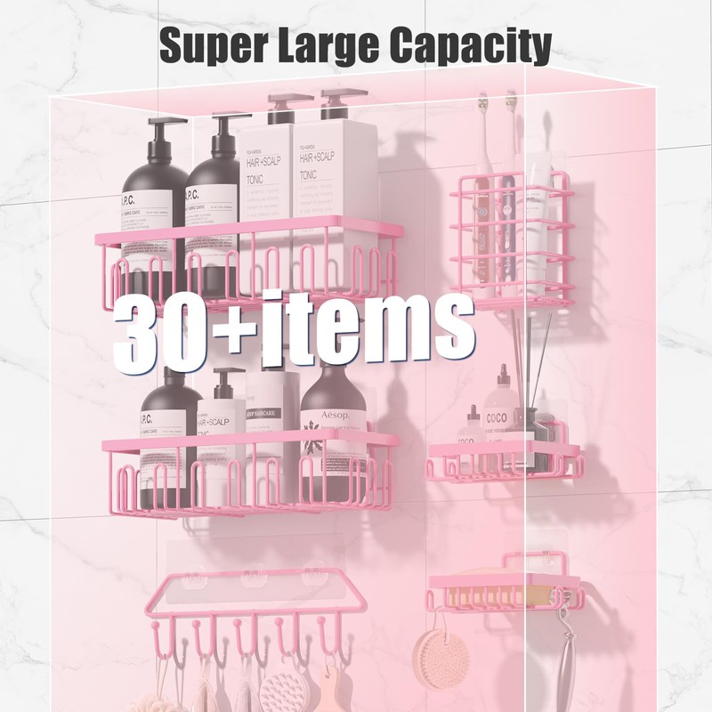 Dimyno Pink Shower Caddy 6 Pack, Adhesive Shower Shelves, No