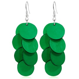 JIMARIN Handmade Bohemian Wooden Round Geometry Dangle Drop Earrings Long Chain Wood Disc Circle Hook Earrings For Women (Green)